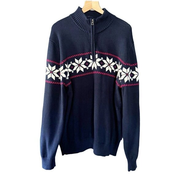 Weatherproof Vintage Men's Sz XL Blue White Fair Isle Snowflake 1/4 Zip Sweater - Picture 1 of 8